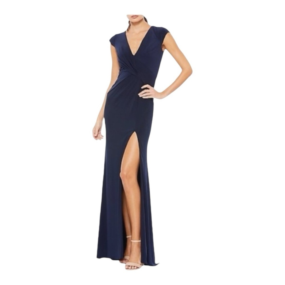 Mac Duggal Ieena Navy Jersey Gown Size 6 NWT Thigh Slit Evening Formal Dress